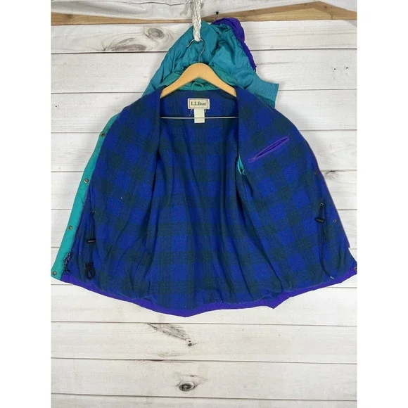 Vintage L.L.Bean Jacket Womens S Purple Hooded Mountain Parka Plaid Lined 90s - Picture 3 of 12
